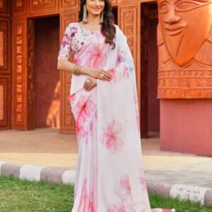 Spherevant Women's Georgette Floral Printed Saree With Unstitched Blouse 5.5Mtr (Off White-Pink)