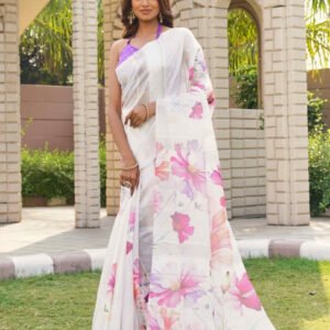 Spherevant Women's Georgette Floral Printed Saree With Unstitched Blouse 5.5Mtr (White-Pink)