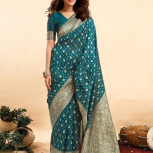 Spherevant Women's Jacquard Printed Saree With Unstitched Blouse 5.5Mtr (Teal)