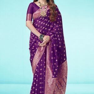 Spherevant Women's Jacquard Printed Saree With Unstitched Blouse 5.5Mtr (Purple)