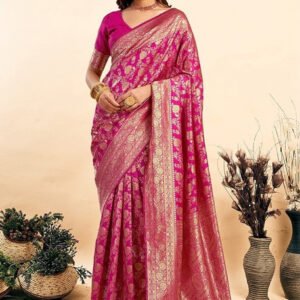 Spherevant Women's Jacquard Printed Saree With Unstitched Blouse 5.5Mtr (Pink)