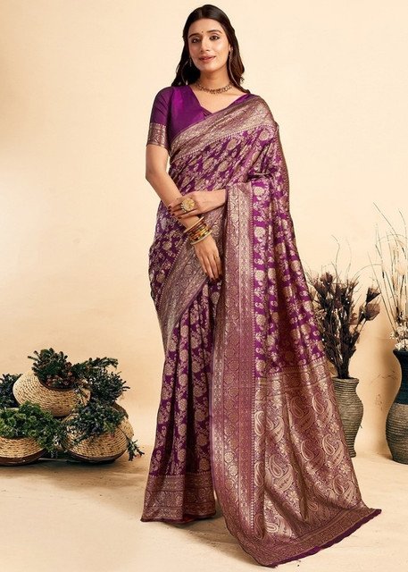 Spherevant Women's Jacquard Printed Saree With Unstitched Blouse 5.5Mtr (Purple)