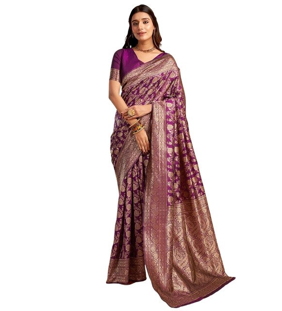 Spherevant Women's Jacquard Printed Saree With Unstitched Blouse 5.5Mtr (Purple) - Image 2