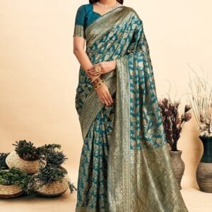 Spherevant Women's Jacquard Printed Saree With Unstitched Blouse 5.5Mtr (Teal)