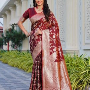 Spherevant Women's Jacquard Printed Saree With Unstitched Blouse 5.5Mtr (Maroon)