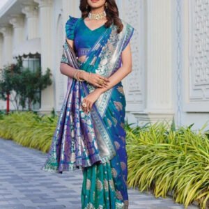 Spherevant Women's Jacquard Printed Saree With Unstitched Blouse 5.5Mtr (Royal-Teal)