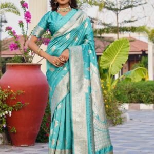 Spherevant Women's Jacquard Printed Saree With Unstitched Blouse 5.5Mtr (Skyblue)