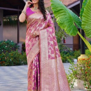 Spherevant Women's Jacquard Printed Saree With Unstitched Blouse 5.5Mtr (Pink)