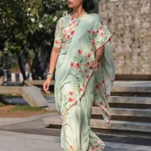 Spherevant Women's Linen Floral Printed Saree With Unstitched Blouse - 5.5 Mtr (Light Green)