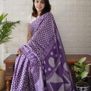 Spherevant Women's Linen Printed Saree With Unstitched Blouse - 5.5 Mtr (Purple)