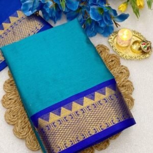 Spherevant Women's Cotton Silk Striped Saree With Unstitched Blouse - 5.5 Mtr (Teal-Royal Blue)