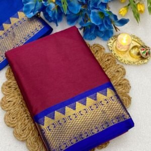 Spherevant Women's Cotton Silk Striped Saree With Unstitched Blouse - 5.5 Mtr (Maroon-Royal Blue)