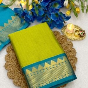 Spherevant Women's Cotton Silk Striped Saree With Unstitched Blouse - 5.5 Mtr (Lemon Yellow-Teal Blue)