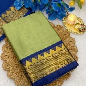 Spherevant Women's Cotton Silk Striped Saree With Unstitched Blouse - 5.5 Mtr (Pista Green-Blue)