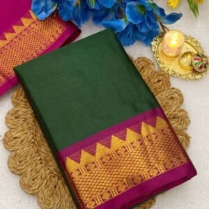 Spherevant Women's Cotton Silk Striped Saree With Unstitched Blouse - 5.5 Mtr (Dark Green-Magenta)