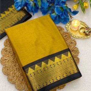 Spherevant Women's Cotton Silk Striped Saree With Unstitched Blouse - 5.5 Mtr (Mustard Yellow-Black)