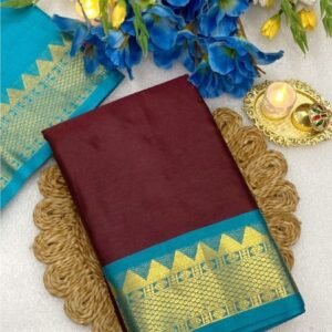 Spherevant Women's Cotton Silk Striped Saree With Unstitched Blouse - 5.5 Mtr (Maroon-Turquoise)