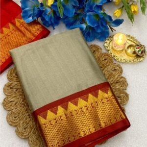 Spherevant Women's Cotton Silk Striped Saree With Unstitched Blouse - 5.5 Mtr (Beige-Red)