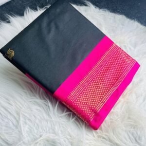 Spherevant Women's Cotton Silk Solid Saree With Unstitched Blouse - 5.5 Mtr (Black-Pink)