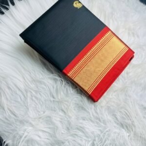 Spherevant Women's Cotton Silk Solid Saree With Unstitched Blouse - 5.5 Mtr (Black-Red)