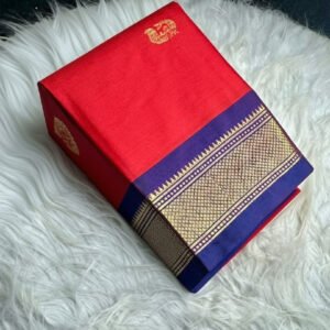 Spherevant Women's Cotton Silk Solid Saree With Unstitched Blouse - 5.5 Mtr (Red-Blue)
