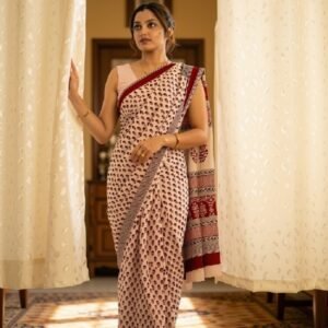 Spherevant Women's Linen Printed Saree With Unstitched Blouse - 5.5 Mtr (Off White)