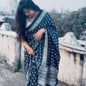 Spherevant Women's Linen Printed Saree With Unstitched Blouse - 5.5 Mtr (Navy Blue)