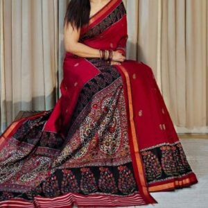 Spherevant Women's Linen Kalamkari Printed Saree With Unstitched Blouse - 5.5 Mtr (Red-Navy Blue)