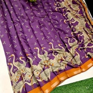 Spherevant Women's Linen Kalamkari Printed Saree With Unstitched Blouse - 5.5 Mtr (Purple-Orange)