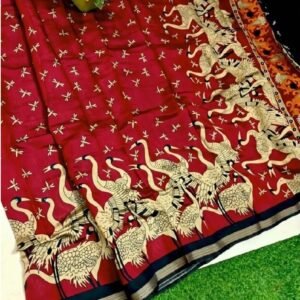 Spherevant Women's Linen Kalamkari Printed Saree With Unstitched Blouse - 5.5 Mtr (Red-Navy Blue)
