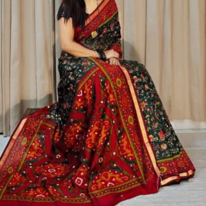 Spherevant Women's Linen Printed Saree With Unstitched Blouse - 5.5 Mtr (Green-Red)
