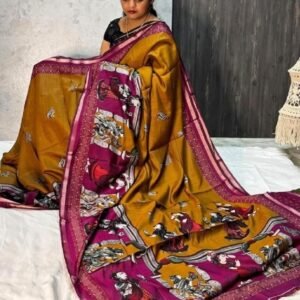 Spherevant Women's Linen Kalamkari Printed Saree With Unstitched Blouse - 5.5 Mtr (Mustard Yellow-Magenta)
