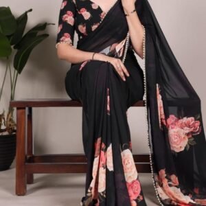 Spherevant Women's Georgette Floral Printed Saree With Unstitched Blouse - 5.5 Mtr (Black)
