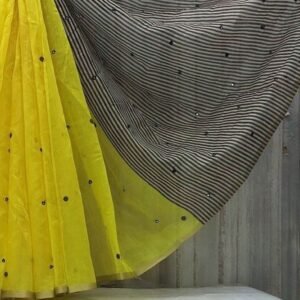 Spherevant Women's Linen Striped Saree With Unstitched Blouse - 5.5 Mtr (Lemon Yellow)