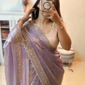 Spherevant Women's Fendy Chiffon Embellished Saree With Unstitched Blouse - 5.5 Mtr (Lavender)