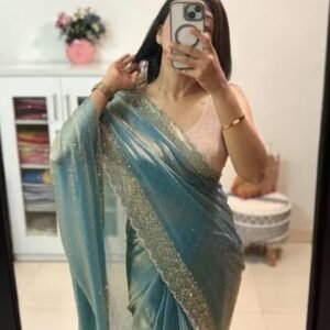 Spherevant Women's Fendy Chiffon Embellished Saree With Unstitched Blouse - 5.5 Mtr (Sea Green)