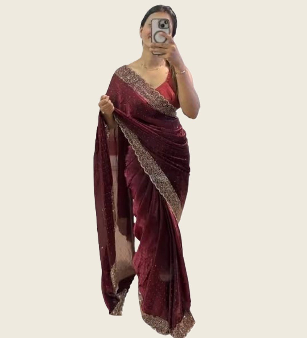 Spherevant Women's Fendy Chiffon Embellished Saree With Unstitched Blouse - 5.5 Mtr (Wine)