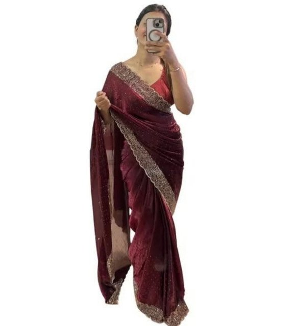 Spherevant Women's Fendy Chiffon Embellished Saree With Unstitched Blouse - 5.5 Mtr (Wine) - Image 2