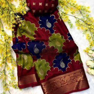 Spherevant Women's Dola Silk Kalamkari Floral Printed Saree With Unstitched Blouse - 5.5 Mtr (Multicolor)