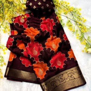 Spherevant Women's Dola Silk Kalamkari Floral Printed Saree With Unstitched Blouse - 5.5 Mtr (Multicolor)