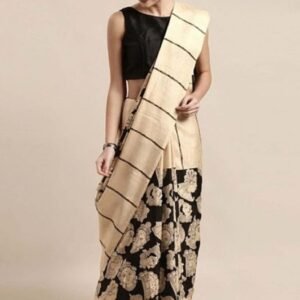 Spherevant Women's Linen Cotton Printed Saree With Unstitched Blouse - 5.5 Mtr (Cream-Black)