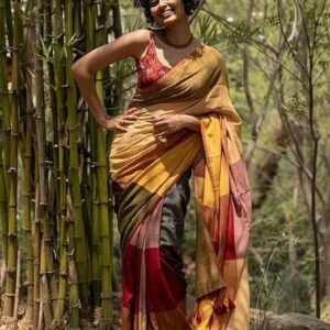 Spherevant Women's Linen Cotton Checked Saree With Unstitched Blouse - 5.5 Mtr (Multicolor)