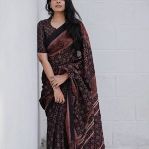 Spherevant Women's Linen Cotton Printed Saree With Unstitched Blouse - 5.5 Mtr (Black-Brown)