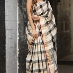 Spherevant Women's Linen Cotton Checked Saree With Unstitched Blouse - 5.5 Mtr (Multicolor)