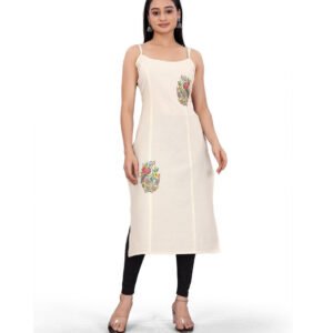 Spherevant Women's Khadi Cotton Floral-Paisley Printed Scoop Neck Sleeveless Kurti (Off White)